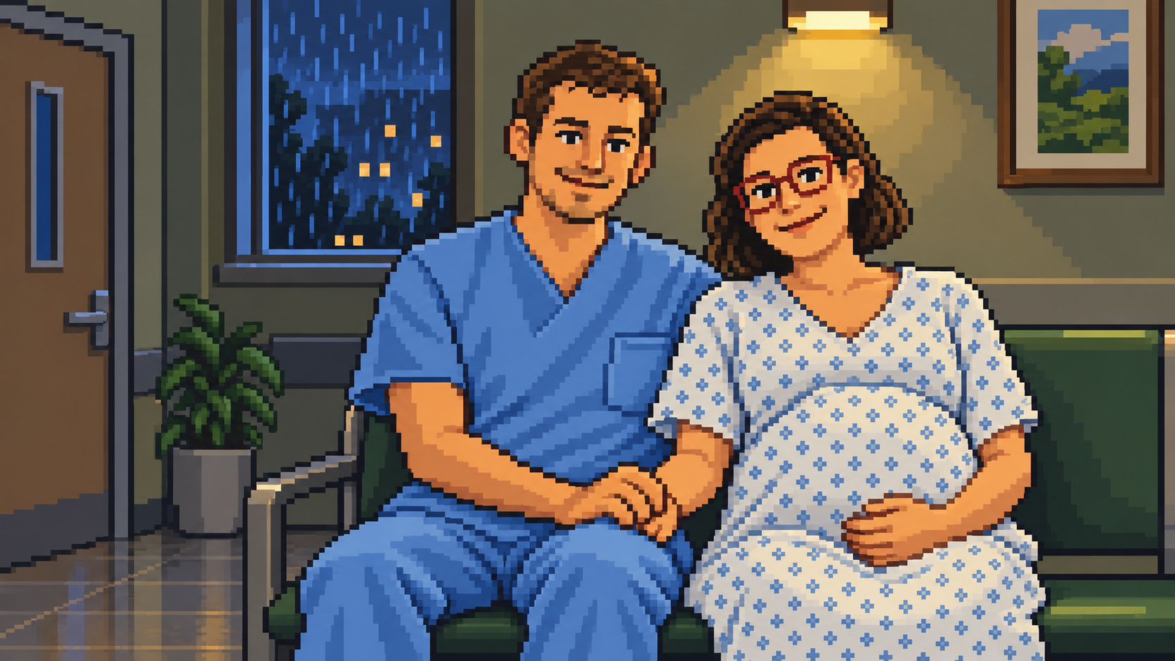 Adrian and Natalia waiting together in a rainy hospital room, from the game