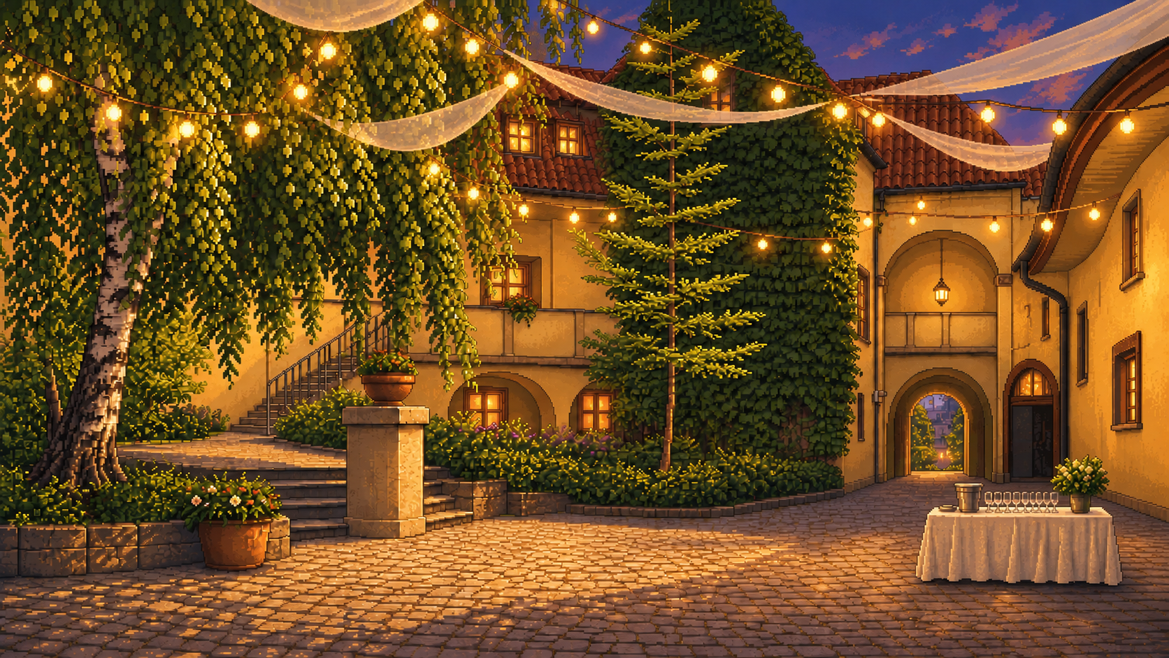 The courtyard dance floor at the wedding, from the game