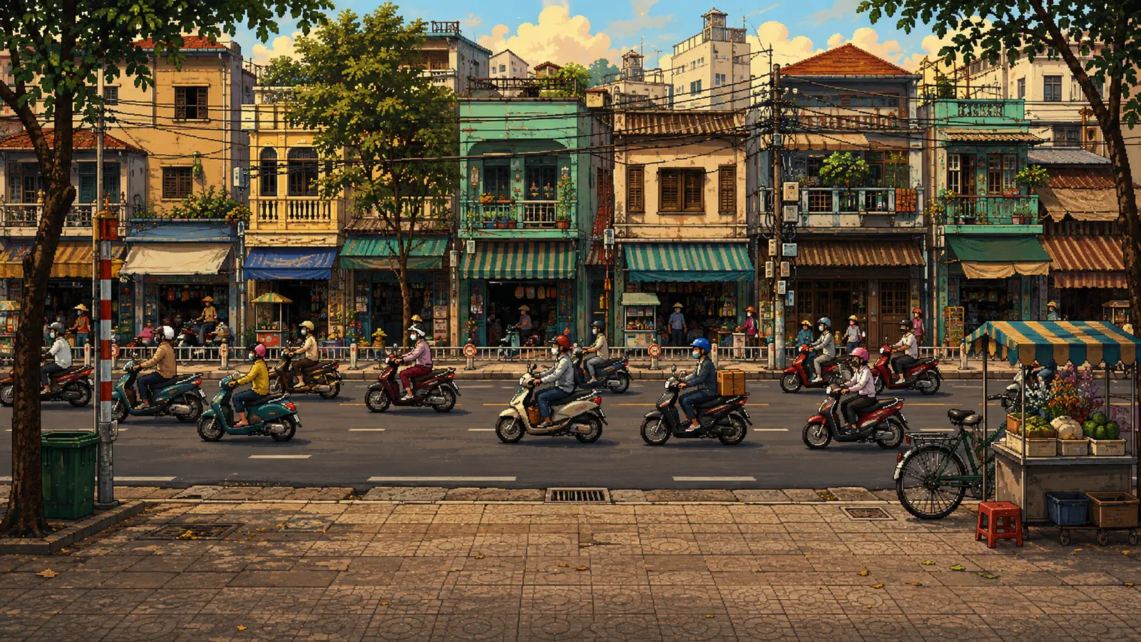 A street filled with motorcycles in the Saigon game scene